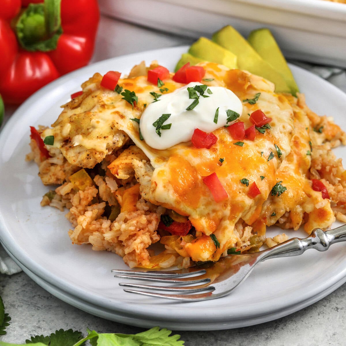 Chicken Fajita Casserole with Rice and Melted Cheese