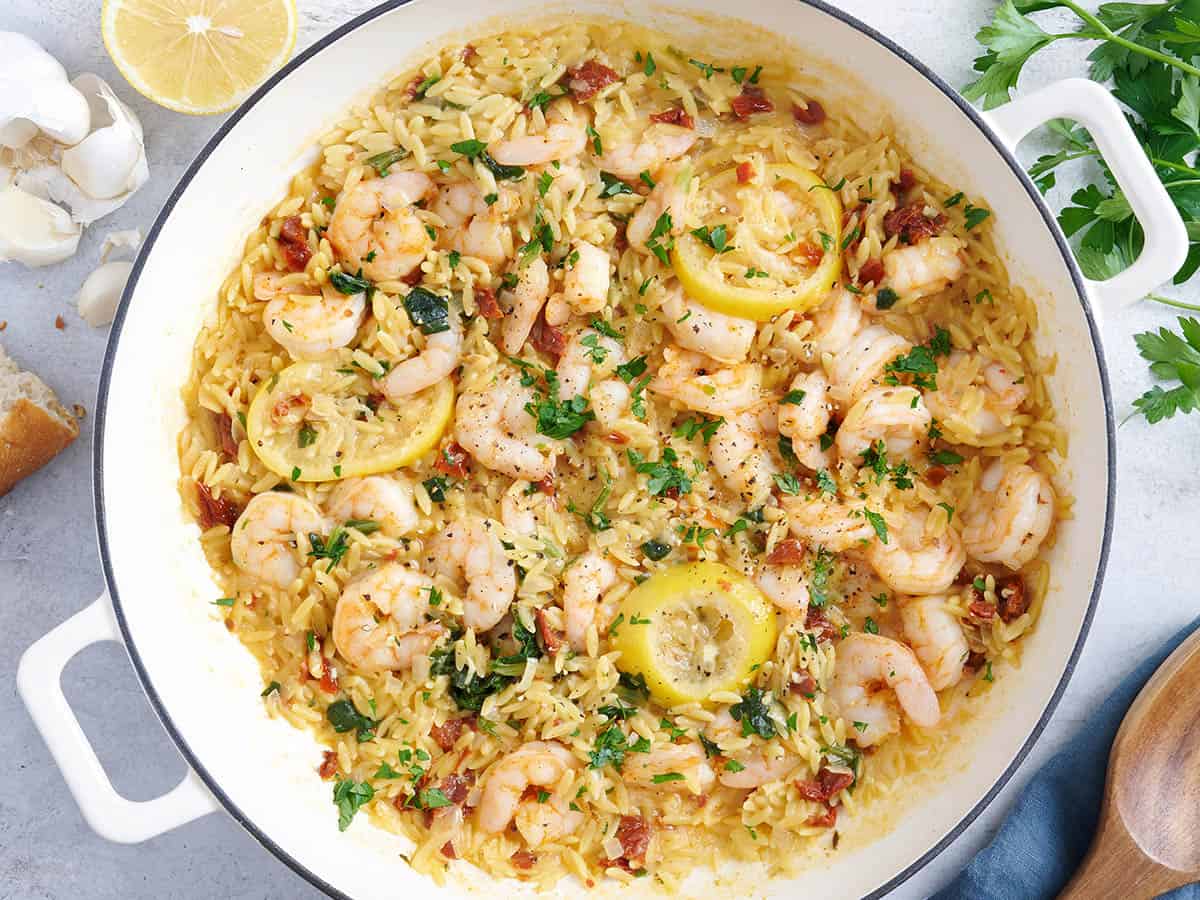 Garlic Shrimp and Orzo Skillet with Lemon and Sun-Dried Tomatoes